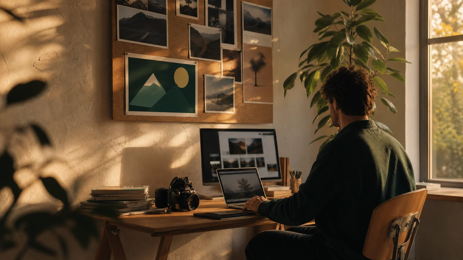 A creative professional working in a warm studio, surrounded by photographs and a mountain art print